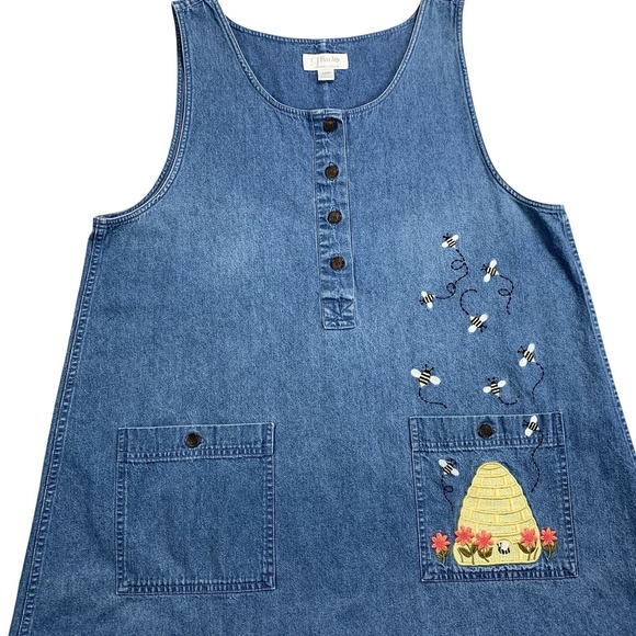 Christopher & Banks Dresses & Skirts - CJ Banks Denim Jumper Dress Womens 16W Blue Bee Embroidered Midi Pinafore